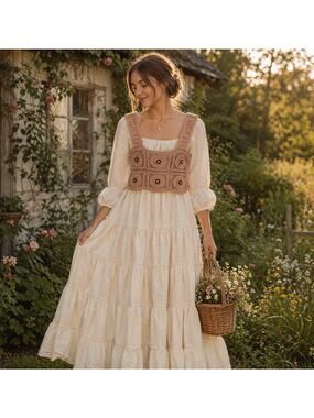 JULIA by love J Crochet Floral Cropped Tank L Beige Brown Boho Cottage Fairy